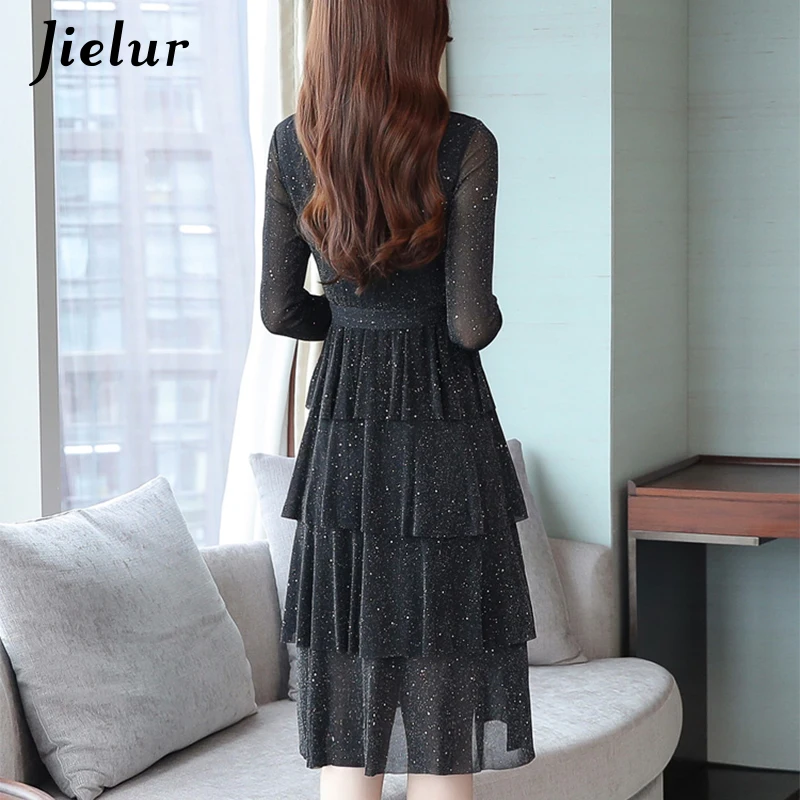 

Jielur Autumn Winter Women Dress Sexy Black Elegant High Waist Cake Dresses Long Sleeve Chic Vestidos V-neck Robe Femme Dress