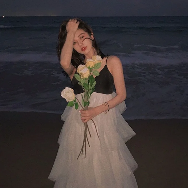 

Korean Japan Style Elegant Vintage Retro Summer Dress French Fairy Dress Women Patchwork Sweet Lace Chiffon Midi Dress