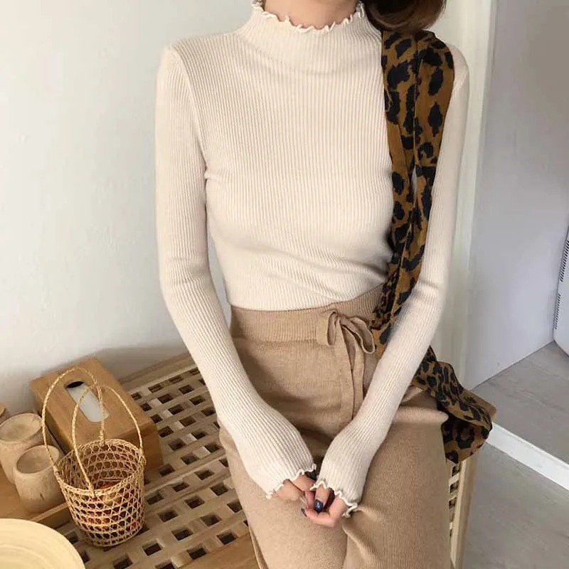 2022 Spring Winter Fashion Slim Sweater Women Turtleneck Ruched High Elastic Solid Sexy Knitted Pullovers 6785 | Женская одежда