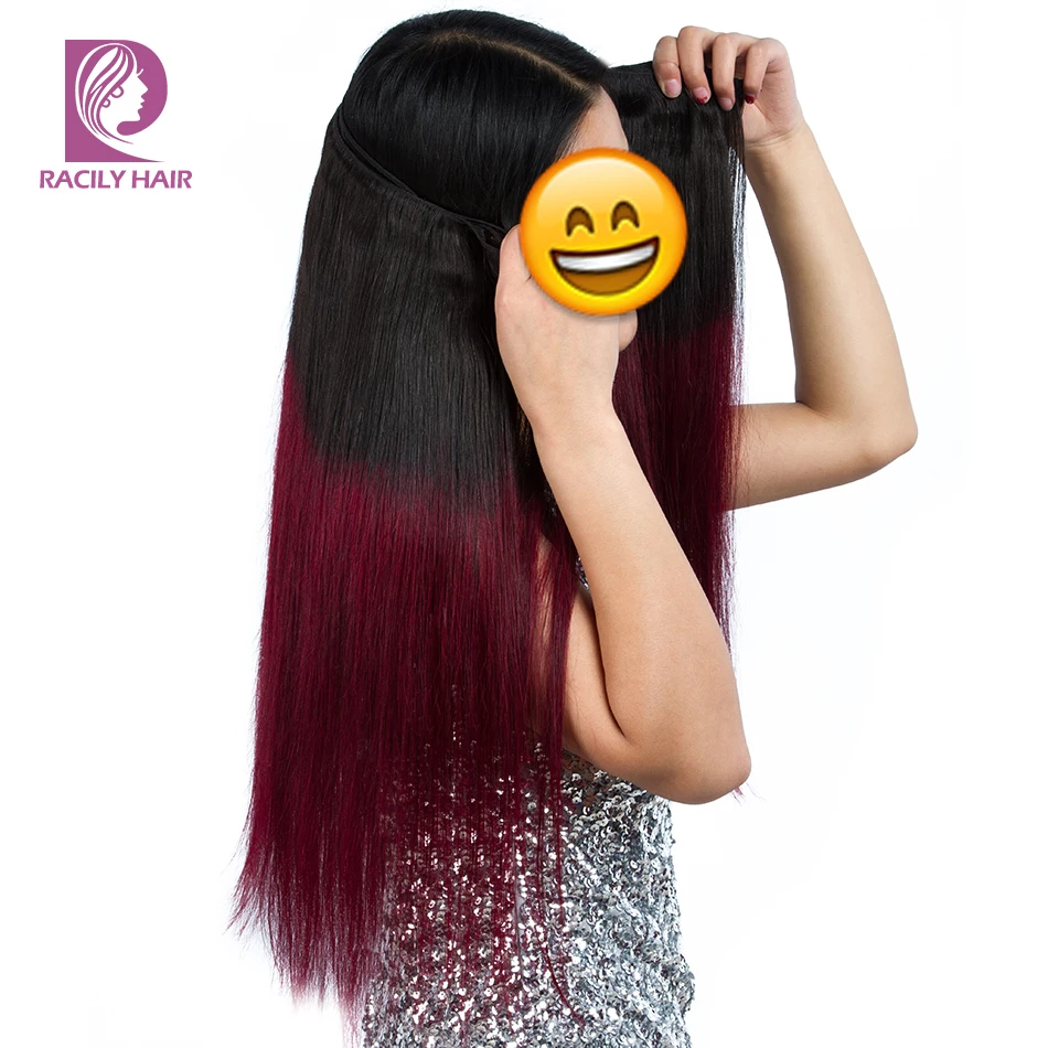 Омбре бразильские прямые волосы пучки с фронтальной Remy бордовый человеческие