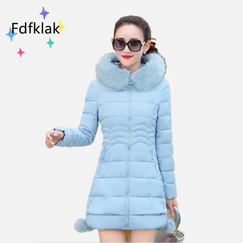 Fdfklak Plus Size Thick Slim-Fitting Women Winter Coat Mid-Length Korean Fur Collar Down Cotton Zipper Hoodie Oversize Jacket enlarge