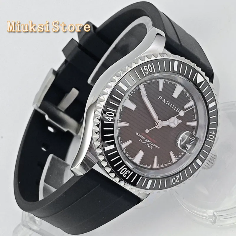 Мужские деловые часы Parnis 41 мм сапфировое стекло Керамическая рамка черный цвет