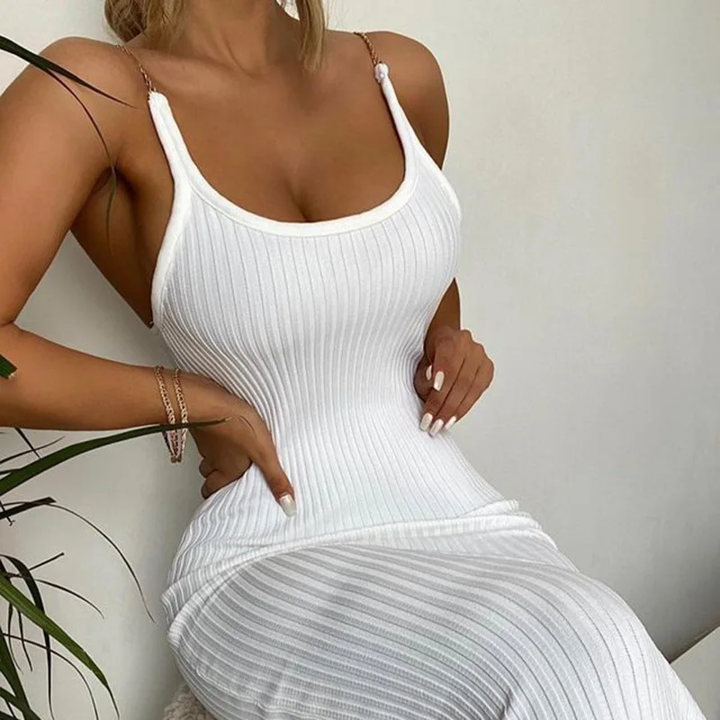 

Women Dresses Chain Spaghetti Strap Sexy Rib Knitted Long Dress Backless Elegant Ladies Party Club Knee-Lengt Bodycon Dress