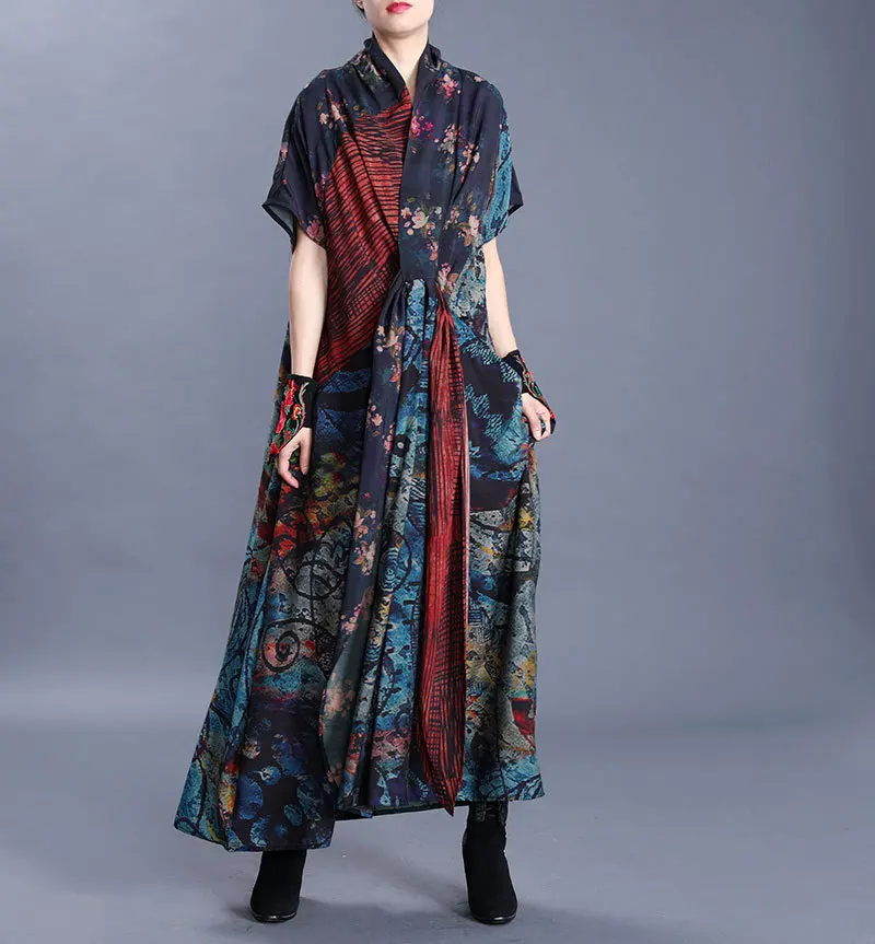 

SuperAen Spring Summer 2021 National Style Retro Short-sleeved Stand Plus Size Silk Casual Dresses Women