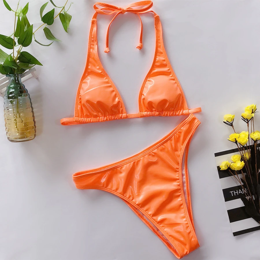 

2021 Shiny Leather Women Swimwear ladies Sexy Halter Women Swimsuit Black High Waist Bikini Women Bathing Suits traje de bano