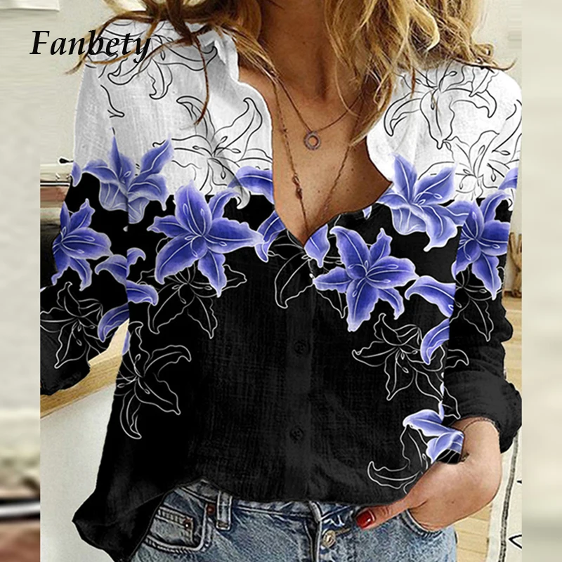 

Женская Офисная рубашка в стиле Харадзюку, Элегантная блузка составного кроя с цветочным принтом, отложным воротником и длинными рукавами, ...