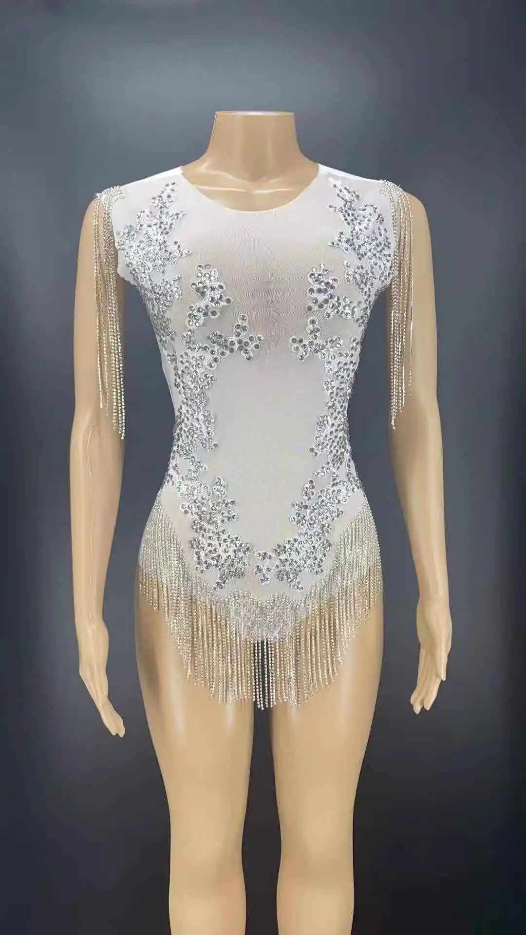 Silver Rhinestone Fringes Transparent White Bodysuit Women Dancer Chain Outfit Birthday Bar Prom Show Outfit