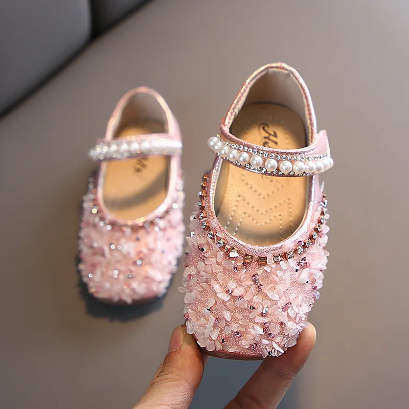 Girls Leather Shoes Kids Fashion Sequin Pearl Children Wedding Shoes Spring Childen Flats Casual Soft Shoes E404