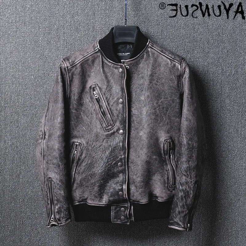 

Men's authentic leather jacket, Hunter bomber, authentic vintage sheepskin, 19m-4kj, spring