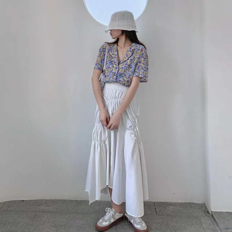 

ZAWAHIKI Tops mujer Summer Korean Fashion Vintage Notched Women Shirts Loose Printing Short-Sleeve Button Up Camisas Mujer