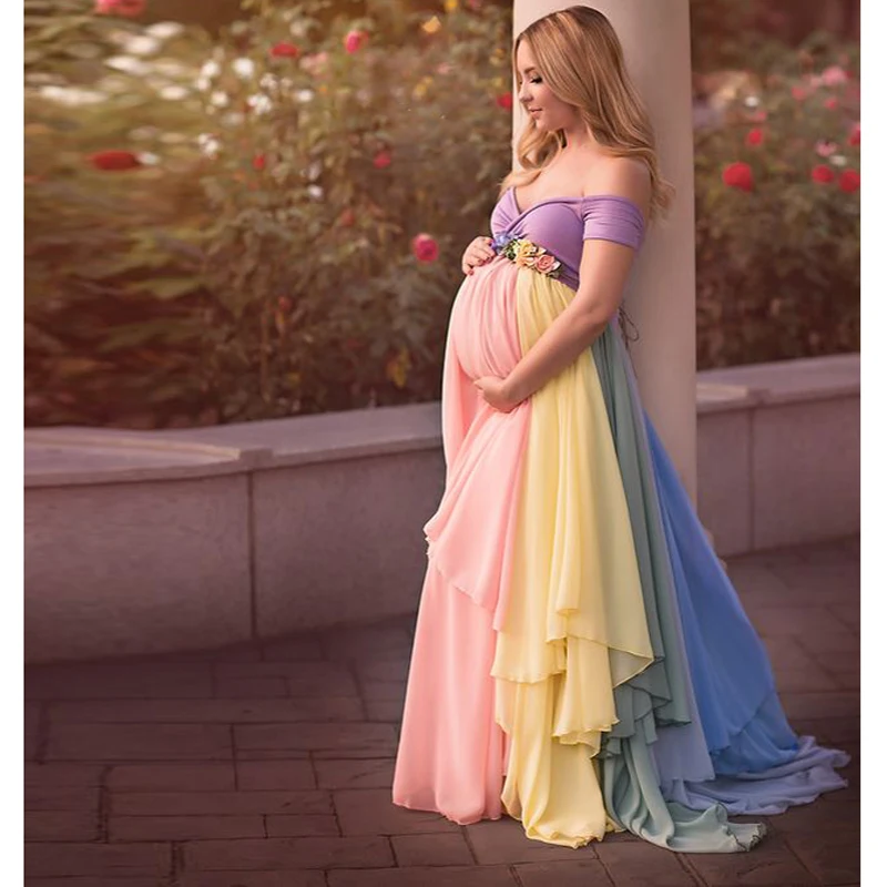 

Pretty Mix Color Chiffon Long Skirts Maternity Ruffles Modest Floral Pregnant Female Maxi Skirt For Women With Flower Sash