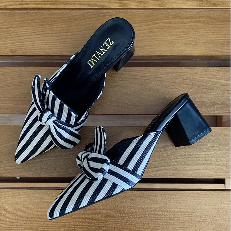 2023 Sandals Women Fashion Luxury Designers Black White Striped Butterfly Knot Pointed Slipper Slides Low Heels Woman Shoes