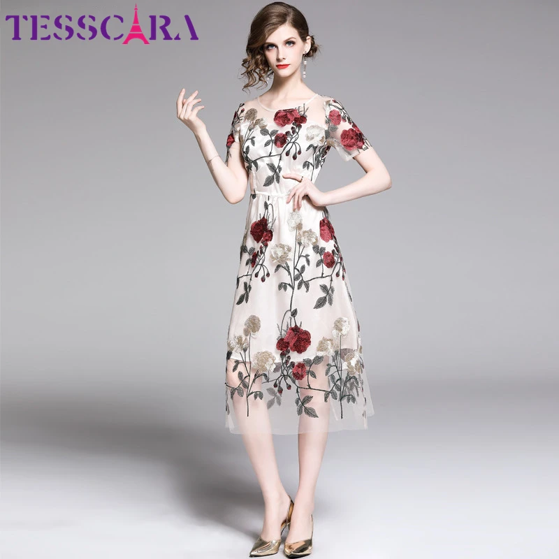 TESSCARA женское летнее стильное платье Цветочная вышивка с сеткой элегантное