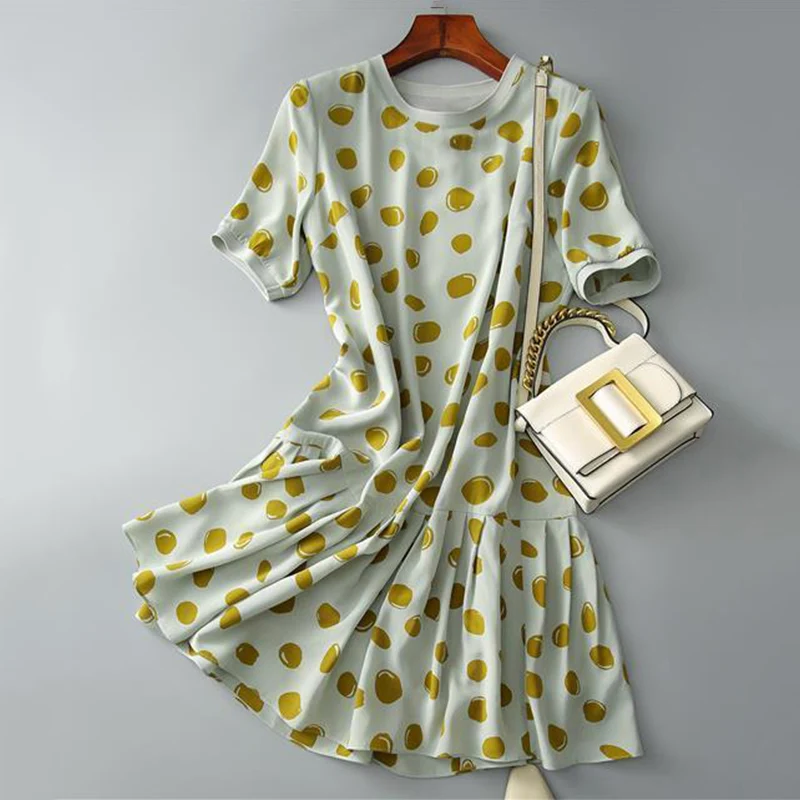 

Sister Fara Asymmetrical DOT Print Women's Dress 2021 Summer Loose Knee-Length Dress Ladies Puff Sleeve Casual A-LINE Dresses