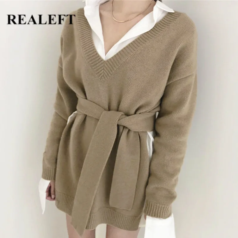 

REALEFT Winter Women's Sweater 2021 New Vintage Lace Up Long Sleeve V Neck Casual Loose Knitting Pullovers Knitwear Tops Female