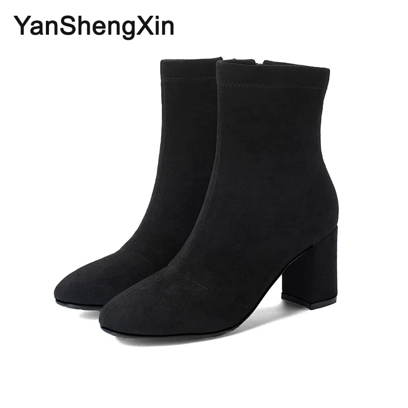 YANSHENGXIN/обувь женские ботинки однотонные замшевые сапоги до середины икры на молнии Женская обувь на высоком каблуке осенне-зимние сапоги женские ботинки