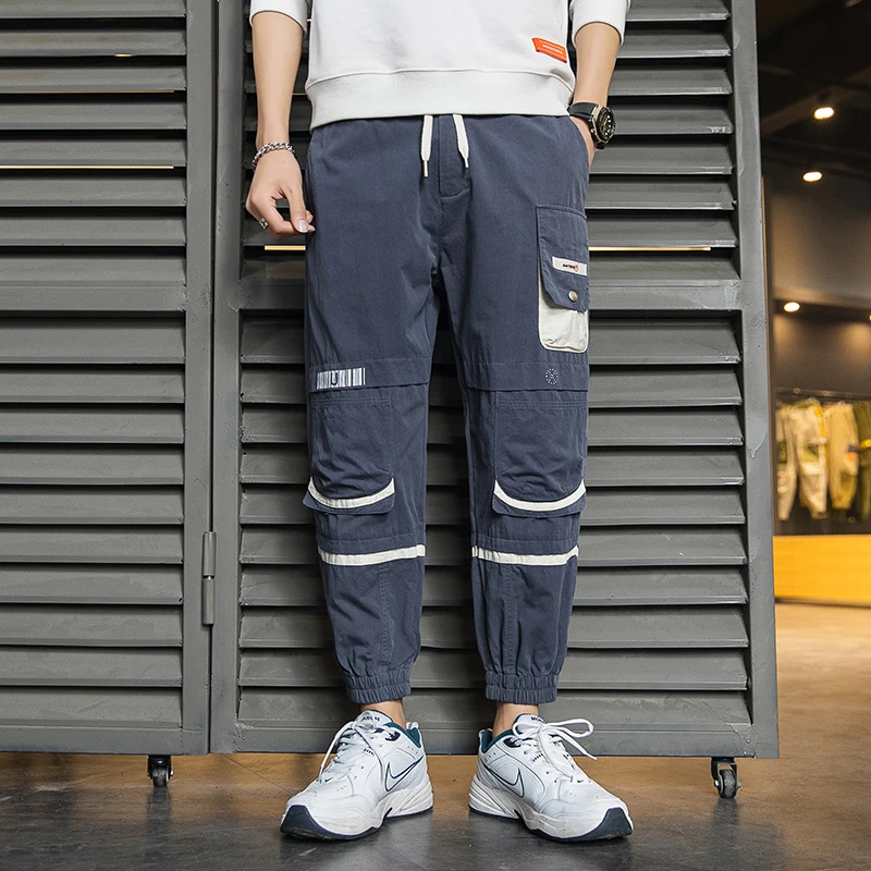

Прямые брюки для фитнеса в Корейском стиле для мальчиков, однотонные хлопковые мужские брюки-карго, мужские повседневные длинные брюки с эл...
