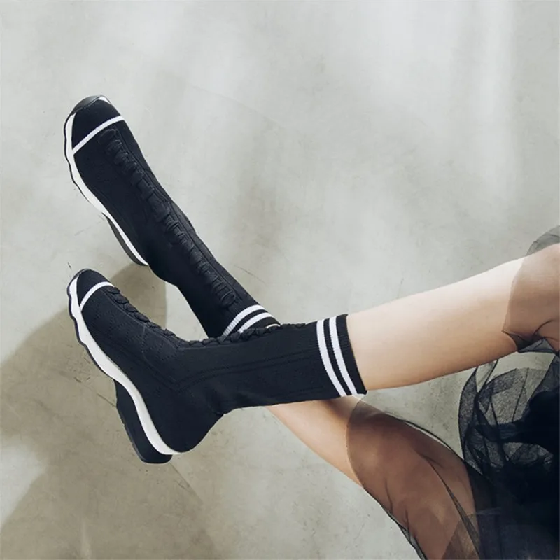 Новинка 2021 модные женские ботинки-носки вязаные короткие ботинки на платформе