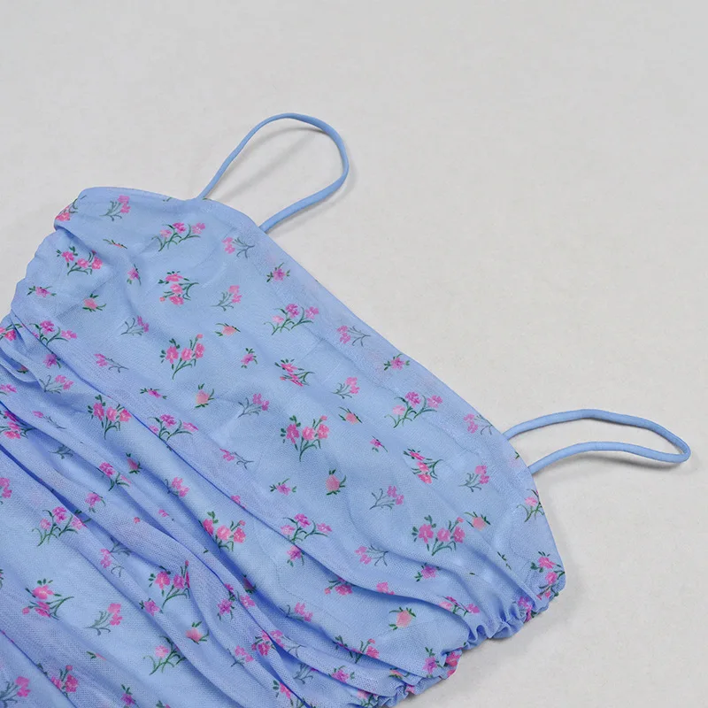 

BacklakeGirls Sexy Double-layer Mesh Ruched Cocktail Dress Women Elegant Blue Floral Cocktail Party Dresses Vestidos De Cctel