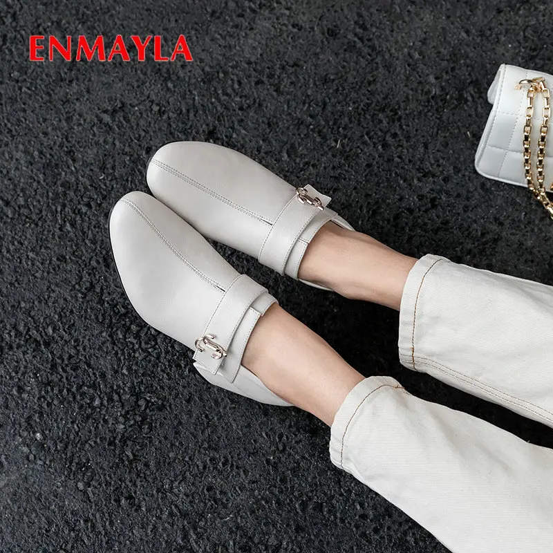 

ENMAYLA 2020 Office Career High Heels Round Toe Genuine Leather Slip-On Office Lady Women Shoes Metal Decoration Wedding Shoes