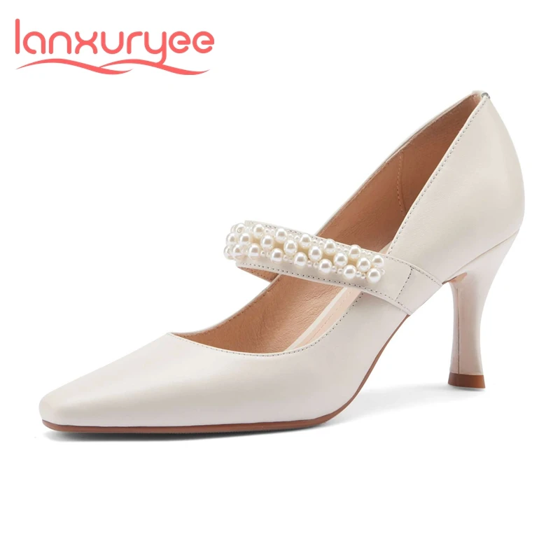 Lanxuryee genuine leather small square toe thin high heels pearl decoration princess style pretty girls dating women pumps L27