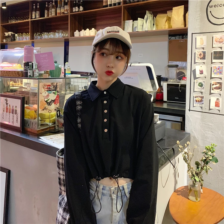 

casual turn-down collar button full Korean style ladies tops Women's Clothing high quality Spring and autumn fashion T-Shirts