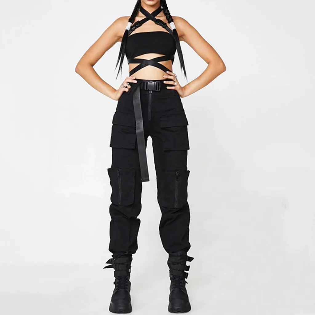 

Fashion Women Solid Black Street Style Pockets Casual Daliy Wild Pants Trousers Harajuku Fashion Trousers