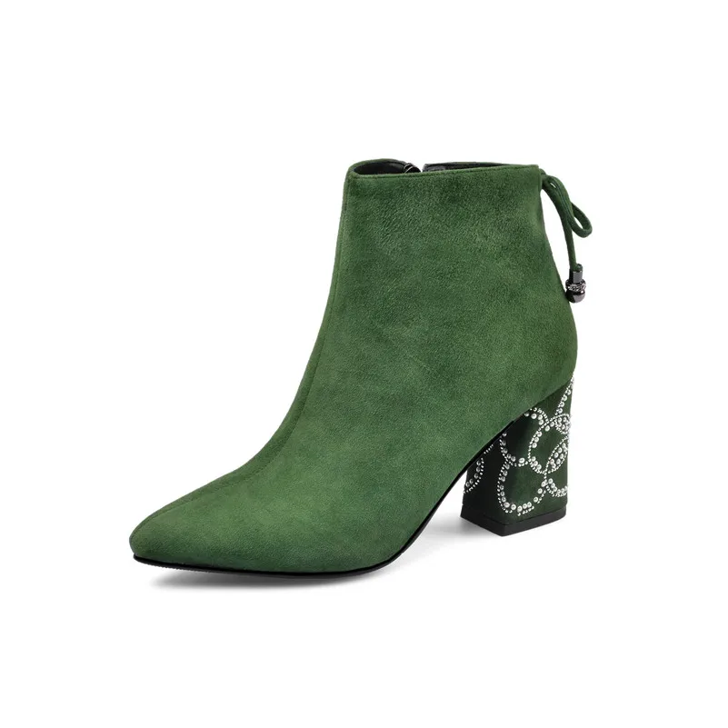 FEDONAS Pearl Embroider Women Ankle Boots High Heeled Prom Elegant Ladies Shoes Woman Warm Autumn and Winter Short Chelsea Boots - Цвет: Зеленый