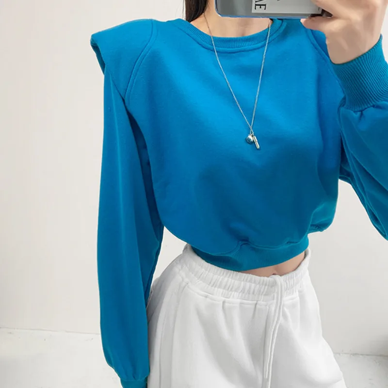 

WOMENGAGA Spring Clothing For Women Korean Casual Crew Neck Long Sleeve Solid Color Loose Shoulder Pads Sweatshirt 7X0U