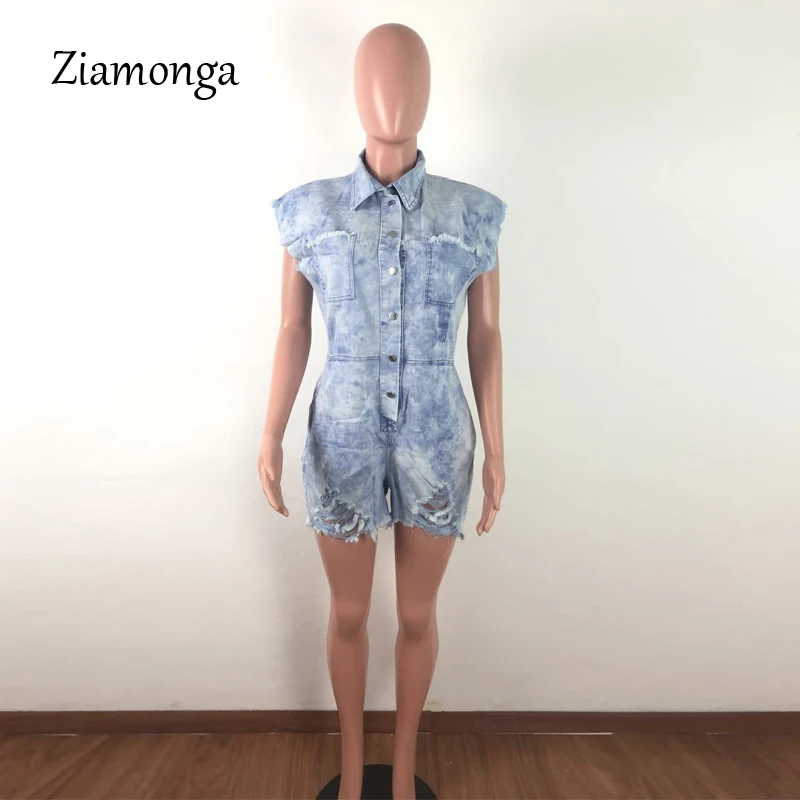 Ziamonga/Летний джинсовый комбинезон с коротким рукавом для женщин; Короткий комбинезон на пуговицах с отложным воротником; Повседневные Вечерние комбинезоны с карманами
