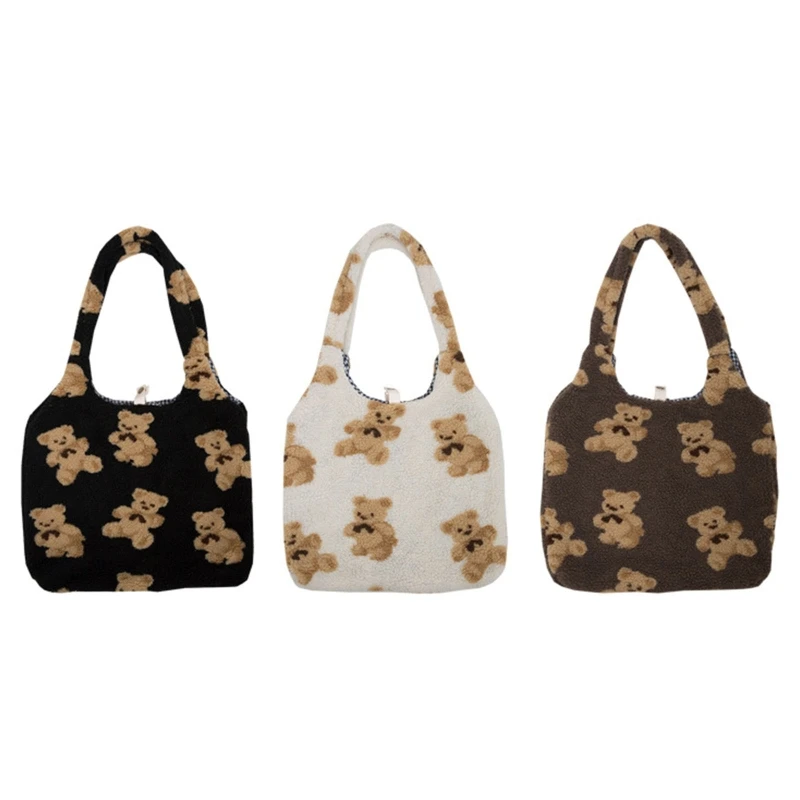 

Women Lamb Like Fabrics Shoulder Tote Bag Canvas Fluffy Fur Bear Handbags