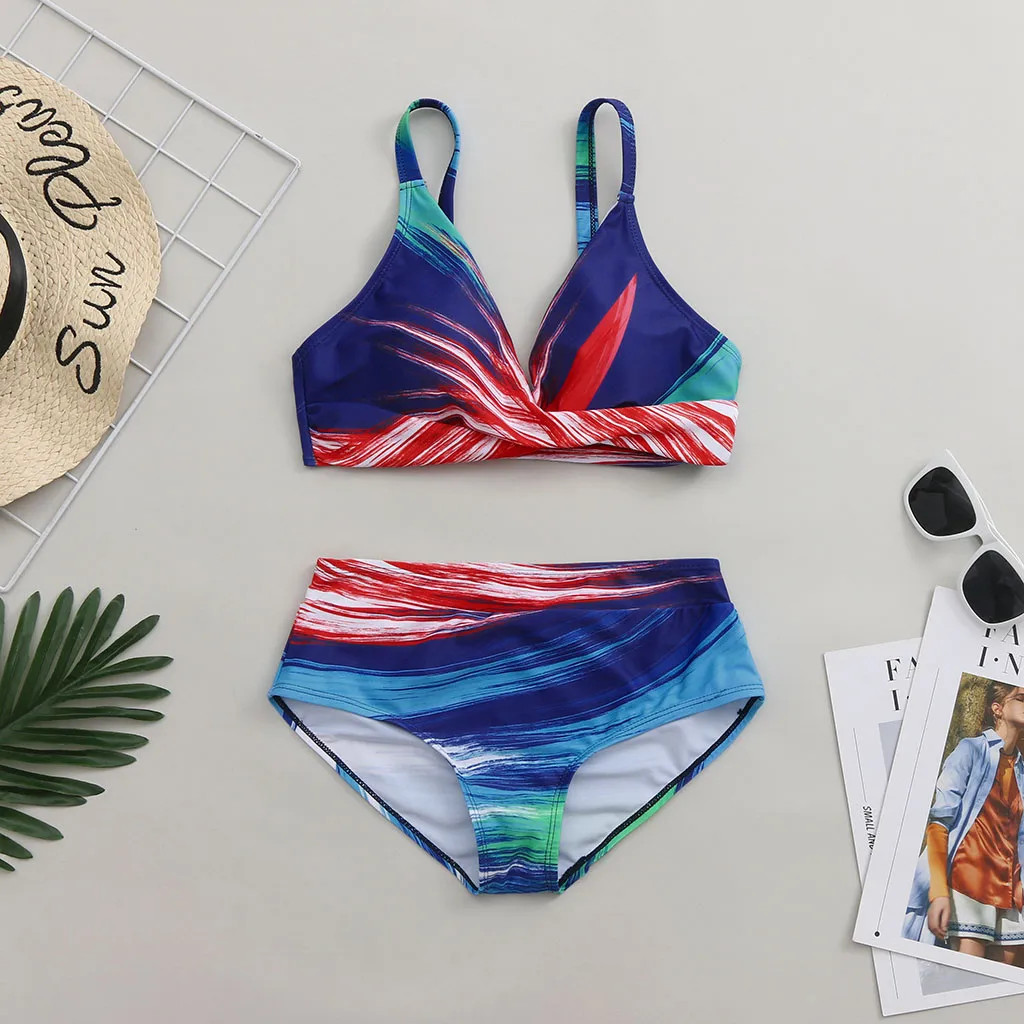 

Plus Size Bikini Set 5xl High Waist Brazilian Biqini Women Gradient Print Tankini Sling Swimwear Back Buckle Swim Suit A2