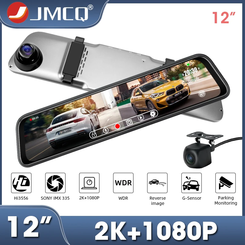 

JMCQ 12" Dash cam 2K+1080P Touch screen Rear view Mirror Stream Media Time-lapse Video Cycle Recording DVR G-sensor Rear cameras