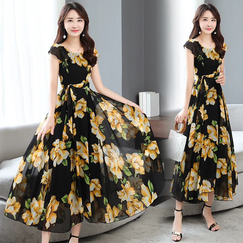 Новые пляжные богемные желтые платья в цветах шифон длинное платье с принтом