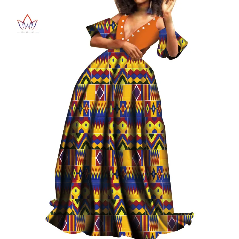

African Dresses for Women Bazin Riche Patchwork Wax Print Evening Long Pearls Dresses Dashiki Women African Clothing WY7820