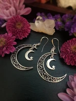 silver plated crescent moon earringsmoon dangle earringsmoonstar earringswitchy hippiefiligreecelestial jewelry gift