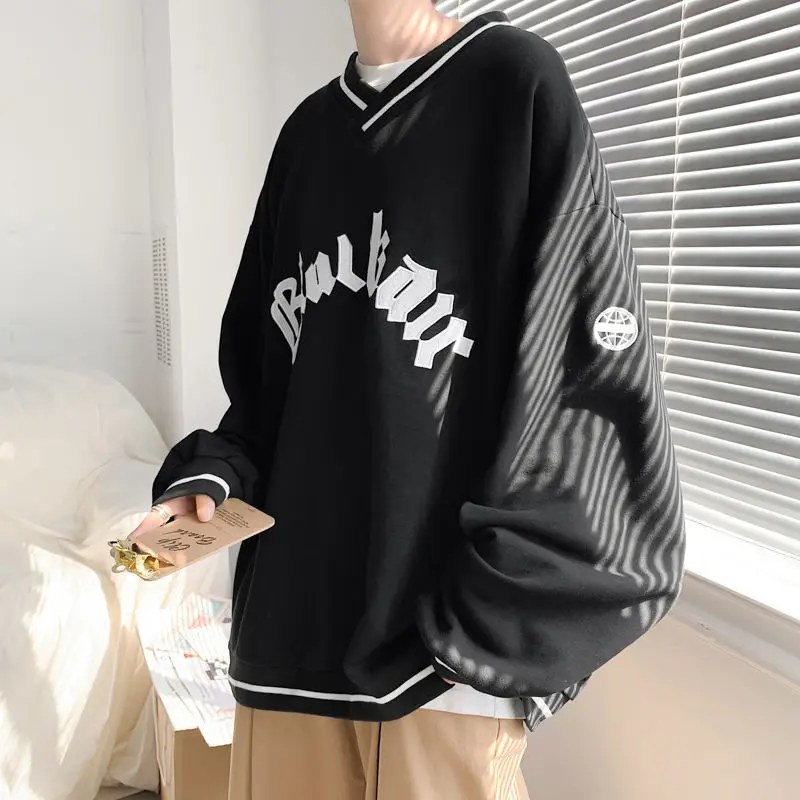 

2021 New Hip-hop V-neck Letter Printing Oversized Harajuku Couple Hoodie Women's Fashion All-match Oversized Sweatshirt for Men