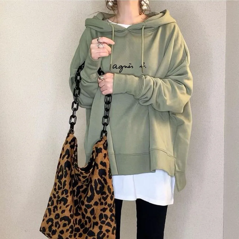 

Autumn Women's Pullover Hoodie 2021 Letter Print Green Mid-Length Hooded Sweater Japanese Korean Style Ladies Casual Sweatshirt