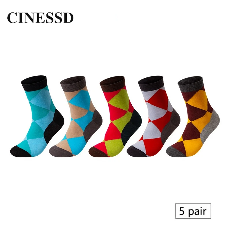 5 Pairs Men Crew Socks New Autumn Business Harajuku Mid Calf Rhombus Patchwork Combed Cotton Sports Breathable Casual Man Sock