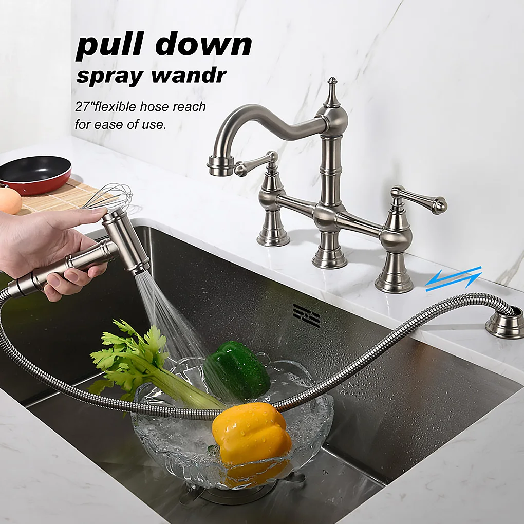 

Bathroom Hot Cold Water Swivel Handles Brass Tap Kitchen Sink Faucet with Pull-Out Side Spray