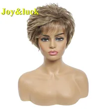 Joy&luck Short Wig Brown Mix Blonde Color Curly Synthetic Wigs for Women Full Wigs With Bangs Hiar Wigs