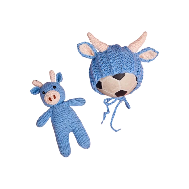 

Baby Crochet Cow Doll Cute Animal Ox Hat Bonnet Beanies Cap Knitted Stuffed Toys Set Newborn Photography Props