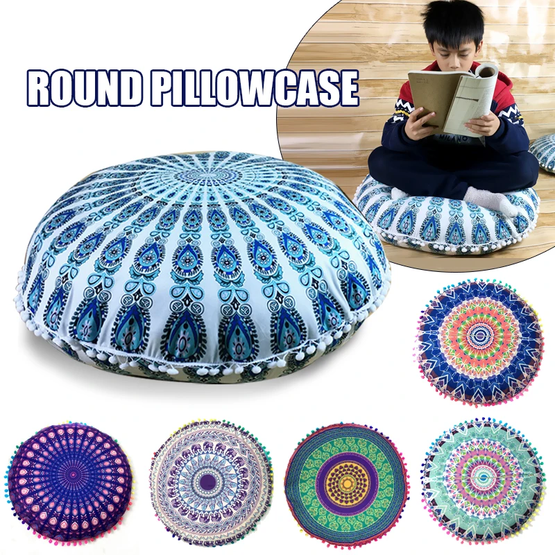 

43*43CM Colorful Round Indian Mandala Pillows Case With Tassel Ball Printed Textile Bohemian Floor Pillow Cushions Pillows Cover
