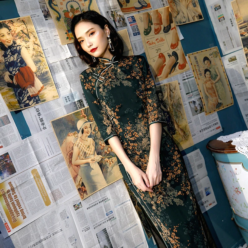 Женское длинное платье в стиле ретро Sheng Coco зеленое с принтом китайские