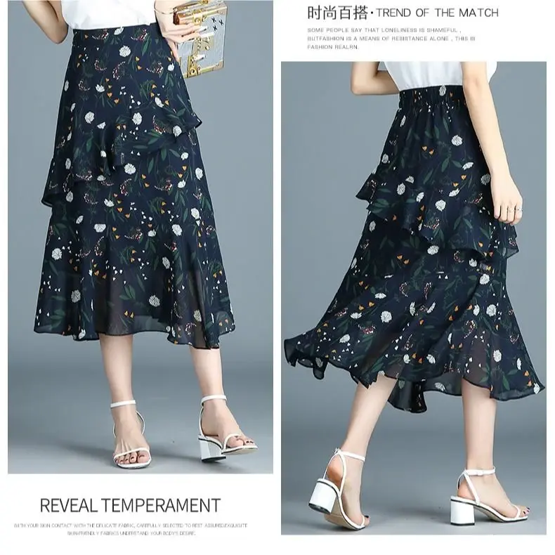 

Elastic Waist Chiffon Skirt women's 2020 Xia Xian thin floral skirt medium length A-line skirt with ruffle fishtail skirt