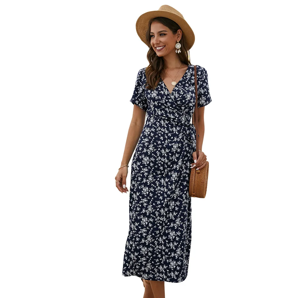 

Spring Summer Beach Dress Women Floral Print Long Bohemian Dress Short Sleeve V-Neck Maxi Dress Ruffles Sundress Vestidos