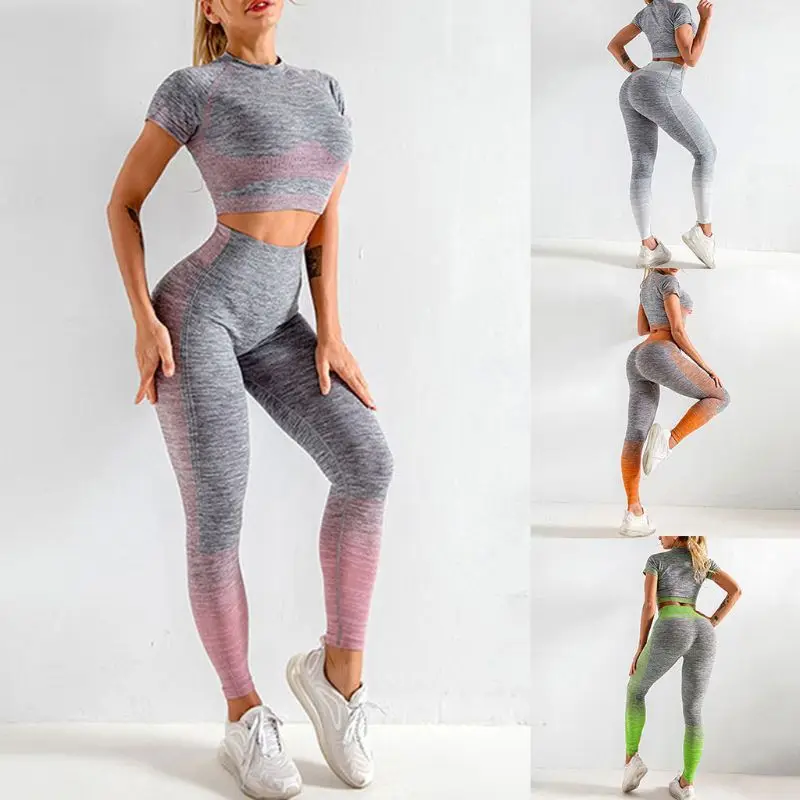 Vrouwen 2 Stuks Workout Outfits Set Korte Mouw Crop Top Butt Lift Leggings Broek Colorblock Naadloze Stretch Yoga Sport Trainingspak Vrouwen 2 Stuks Workout Outfits Set Korte Mouw Crop Top Butt Lift Leggings Broek Colorblock Naadloze Stretch Yoga Sport Trainingspak