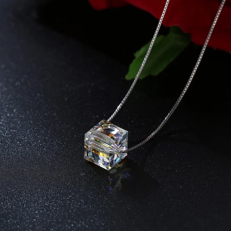 

S925 Silver Austria Crystal Sugar Necklace Aurora Colorful Clavicle Chain Valentine's Day New Year Gift Jewelry