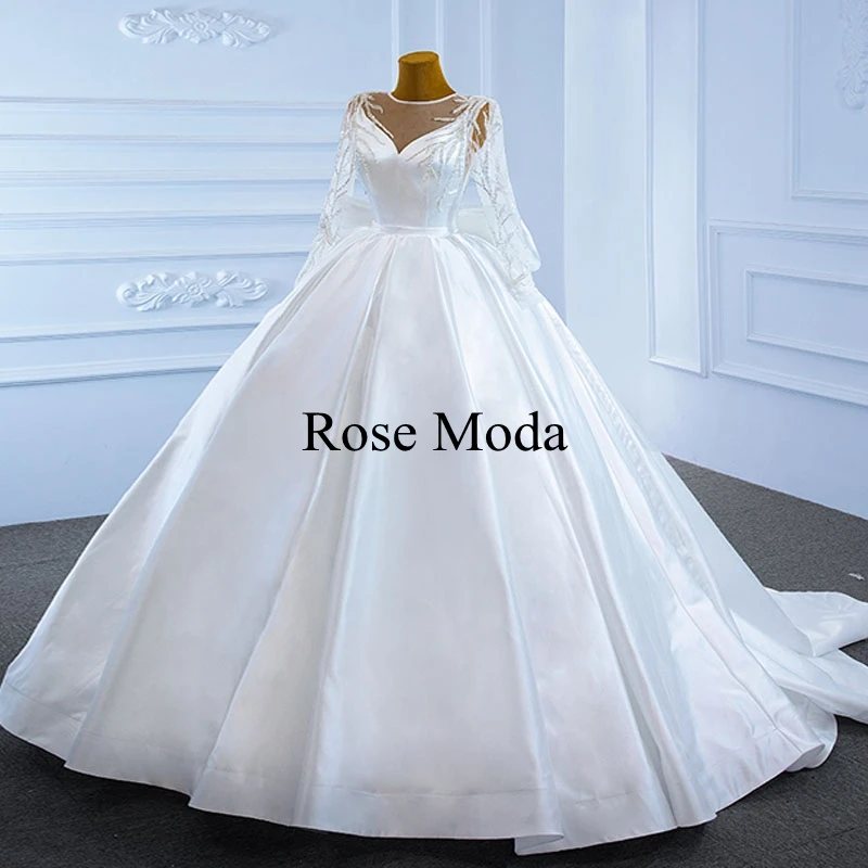 Rose Moda Luxury Beaded Long Sleeves Satin Wedding Dress with Removable Big Bow Puffy Ball Gown