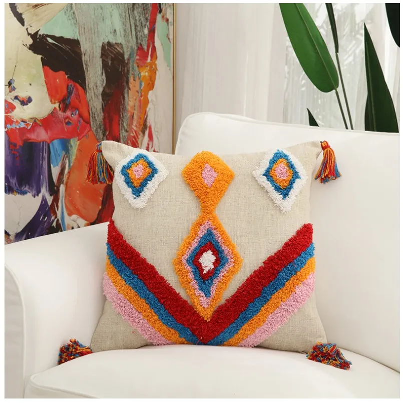Покрытие для подушки с геометрической вышивкой из золотистого льна, марокканская наволочка с кисточками, прямоугольная подушка размером 45x45 см/30x50 см.